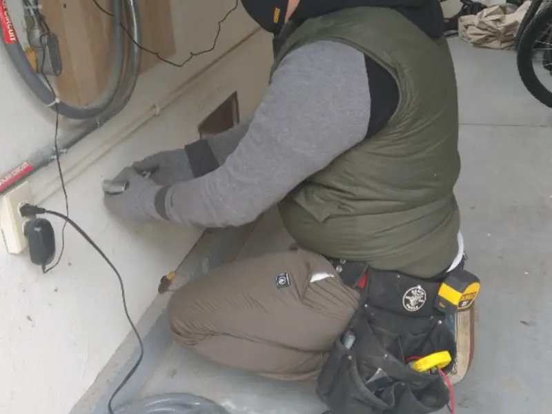 Electrician performing outlet wiring in a Gloucester City garage